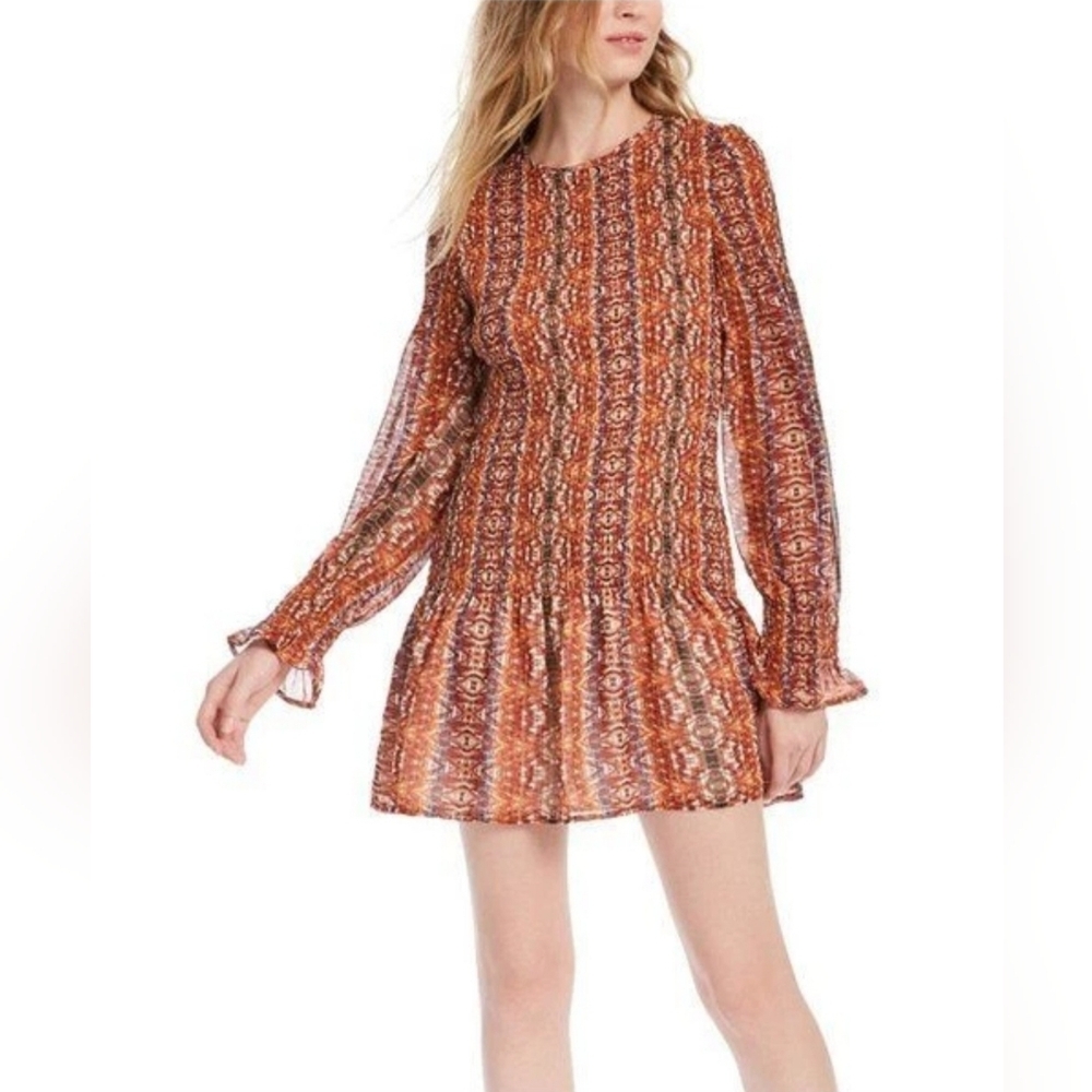 Leyden Women's Long Sleeve Multicolor Drop Waist Smocked  Dress Small New Boho
